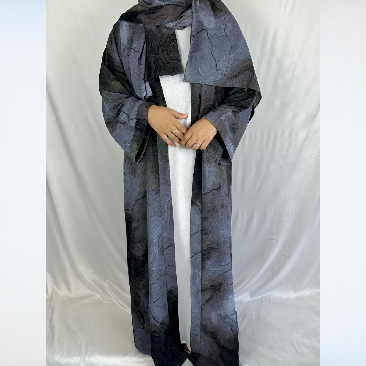 Rawdah Marble Print Abaya with Inner Dress - 4pcs