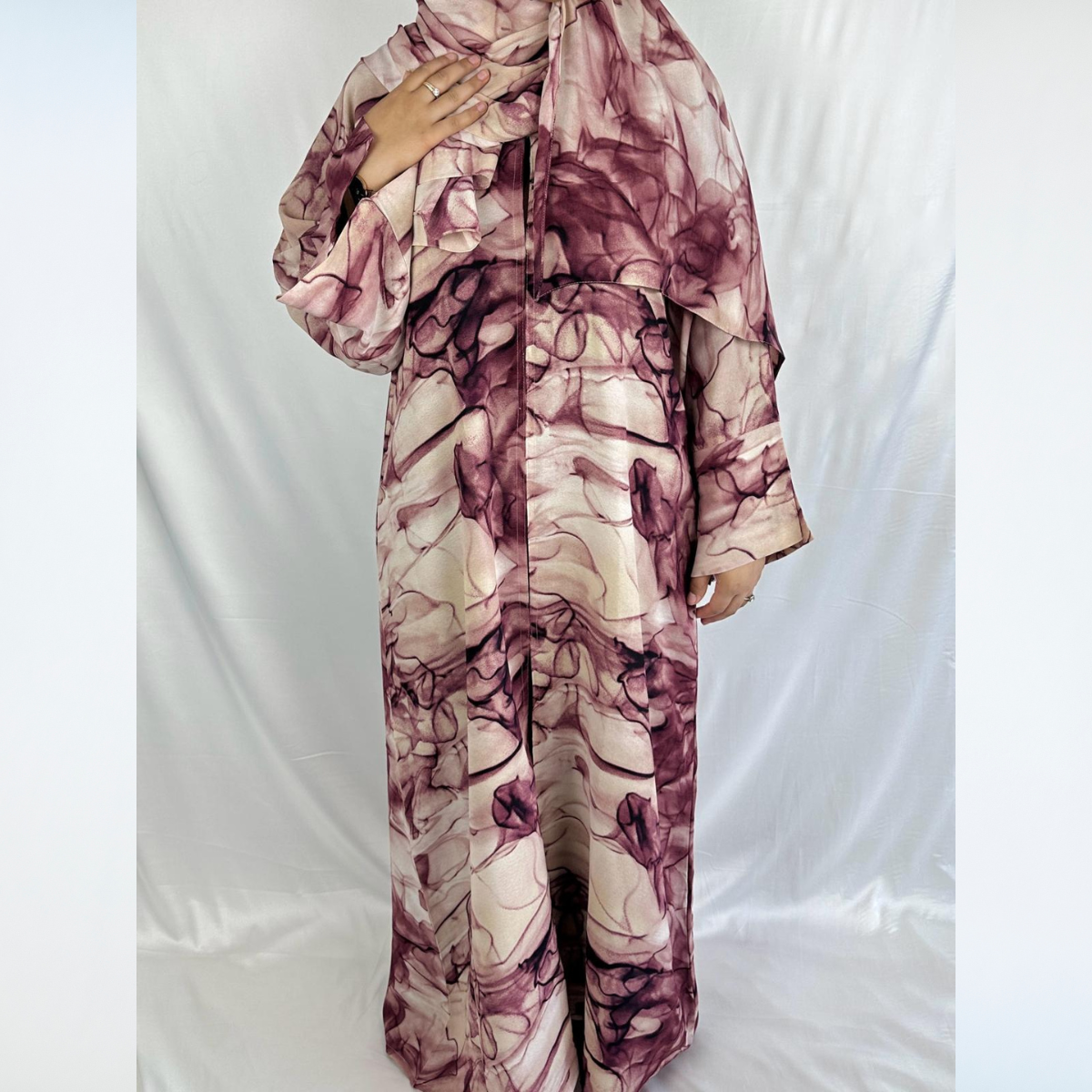 Rawdah Marble Print Abaya with Inner Dress - 4pcs