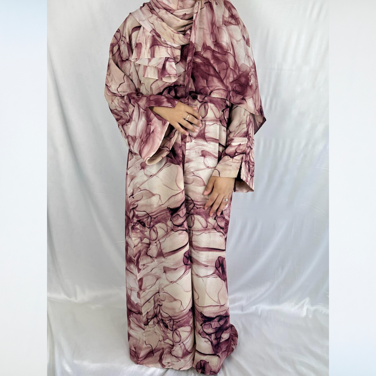 Rawdah Marble Print Abaya with Inner Dress - 4pcs