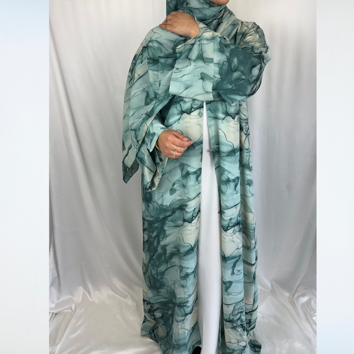 Rawdah Marble Print Abaya with Inner Dress - 4pcs