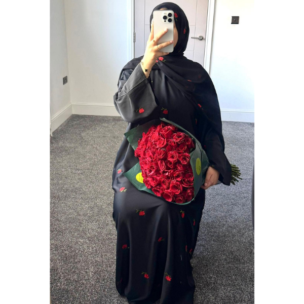Zahra Abaya with Red Roses Embroidered Scarf