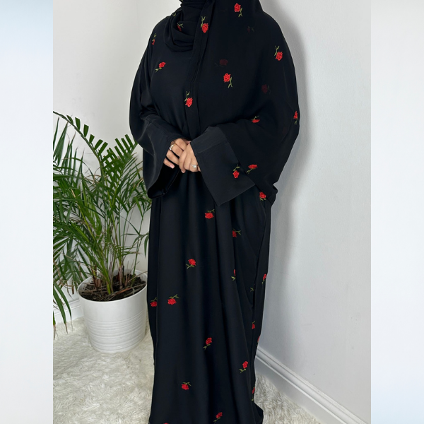 Zahra Abaya with Red Roses Embroidered Scarf