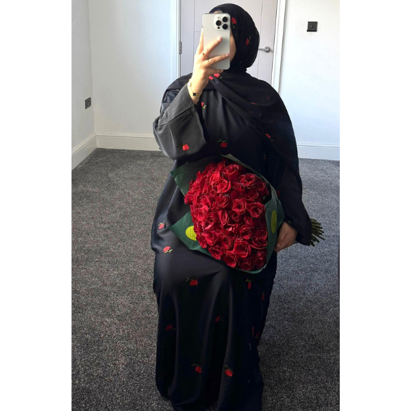 Zahra Abaya with Red Roses Embroidered Scarf