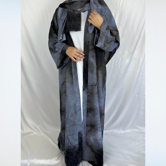 Rawdah Marble Print Abaya with Inner Dress - 4pcs