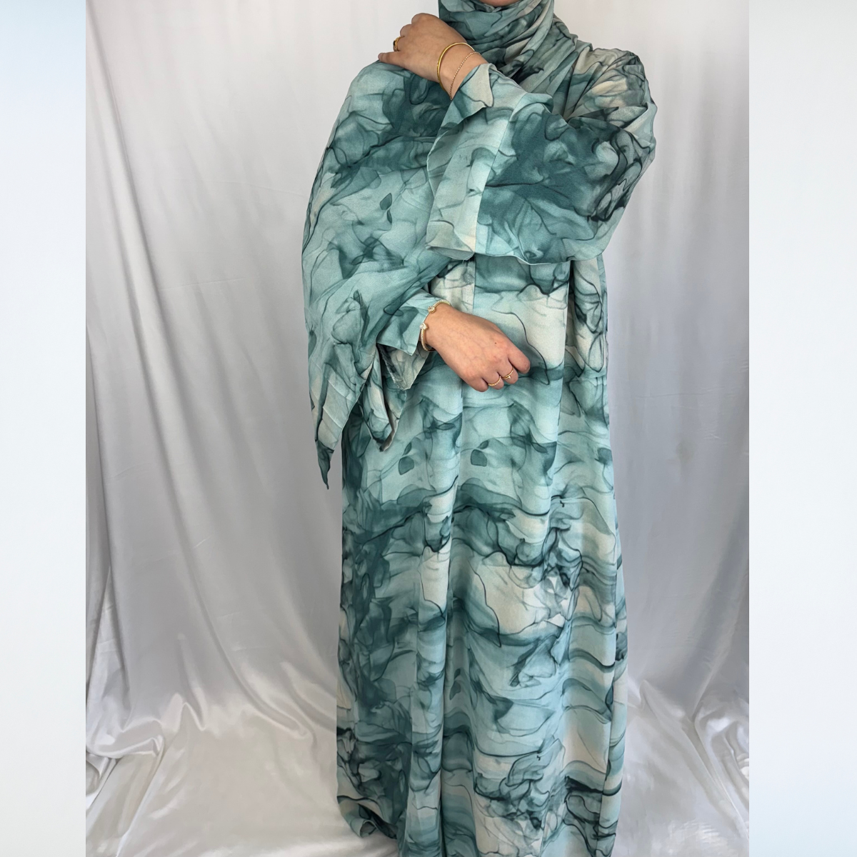 Rawdah Marble Print Abaya with Inner Dress - 4pcs