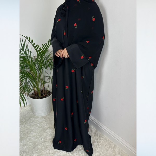 Zahra Abaya with Red Roses Embroidered Scarf
