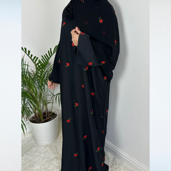 Zahra Abaya with Red Roses Embroidered Scarf