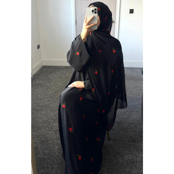 Zahra Abaya with Red Roses Embroidered Scarf